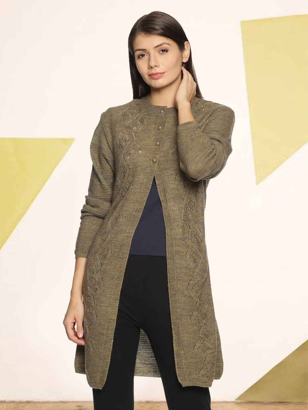 Wool Blend Round Neck Willow Green Long Shrug