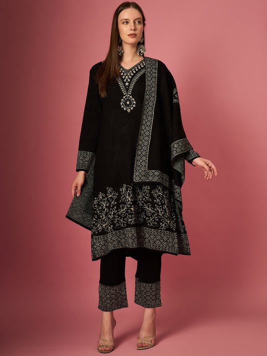 Clapton Embroidered Straight Kurta Pant With Dupatta Set black
