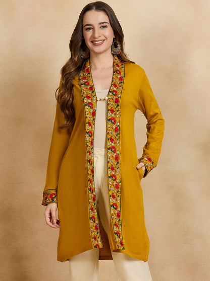 Women's Gold Mustard Embroidered Sleeves, Floral Pattern, Winter Wear, Open Neck Shrug