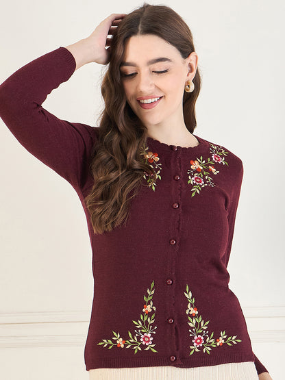 Embroidered Long Sleeves Pure Wool  Cardigan Sweater Maroon