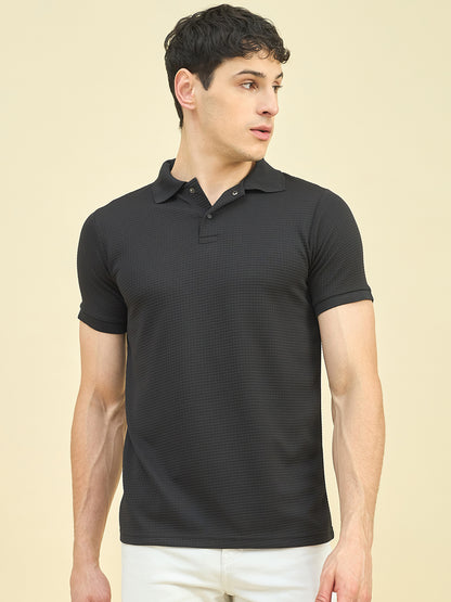 CLAPTON Men Knitted Textured Polo Collar T-shirt BLACK