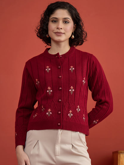 CLAPTON Women's Maroon Floral Embroidered Cable Knit Cardigan