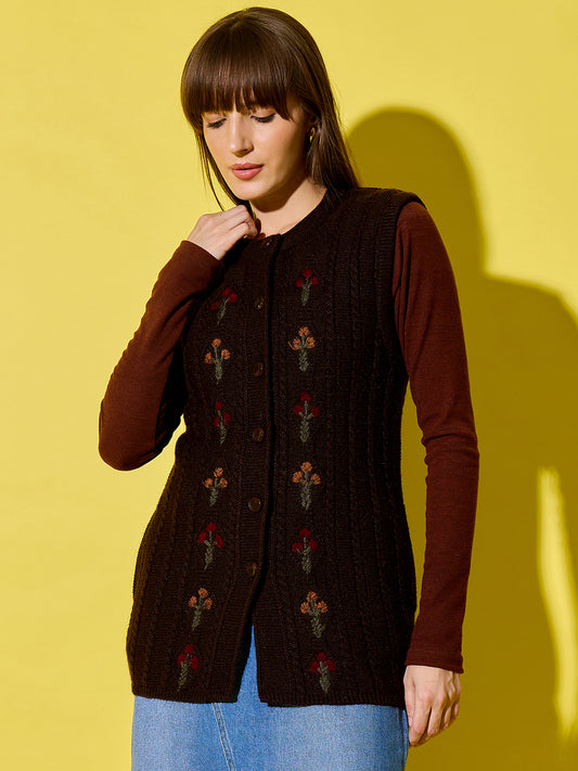 Embroidery Woolen Sleeveless Cardigan