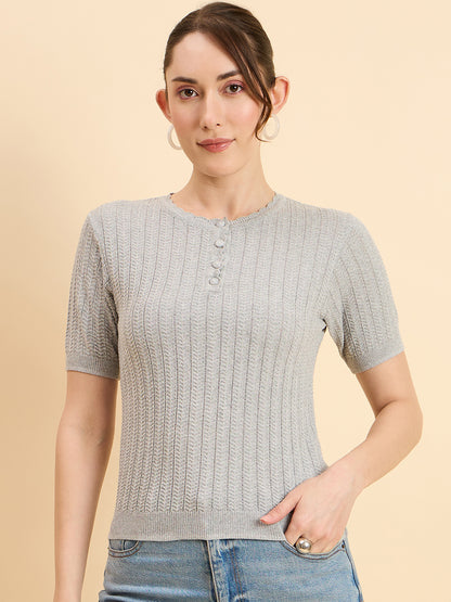 Clapton Women Knitted  Round Neck  T-shirt Grey