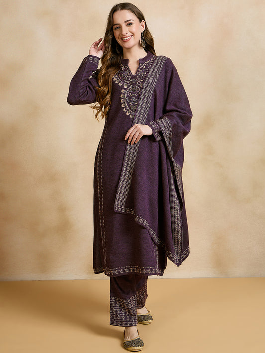 Clapton Embroidered Straight Kurta Pant With Dupatta Set Purple