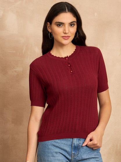Clapton Women Knitted  Round Neck  T-shirt MAHROON -3105