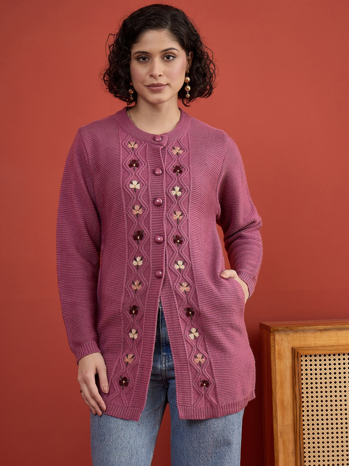 CLAPTON Women Floral Woolen Cardigan with Embroidered DARK PINK