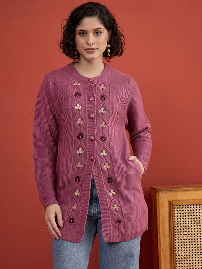 CLAPTON Women Floral Woolen Cardigan with Embroidered DARK PINK