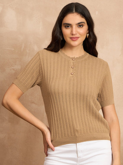 Clapton Women Knitted  Round Neck  T-shirt BEIGE -3105