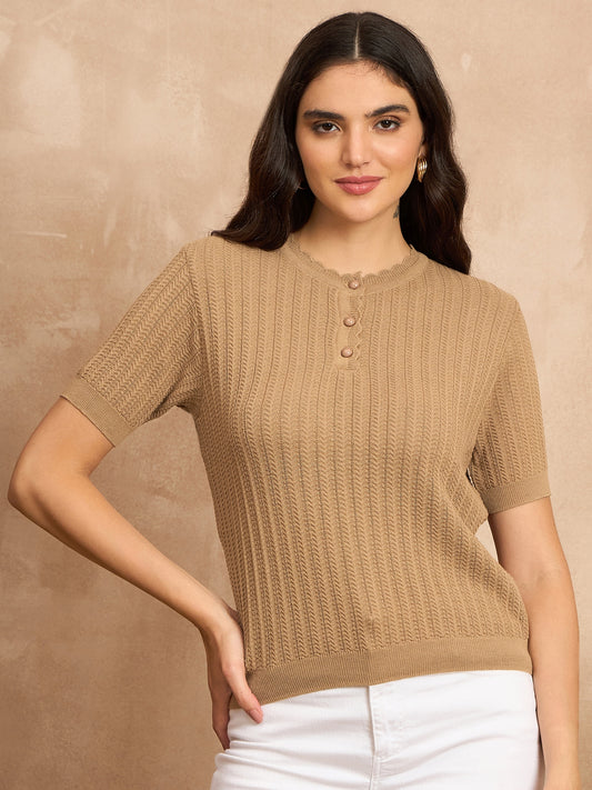 Clapton Women Knitted  Round Neck  T-shirt BEIGE -3105