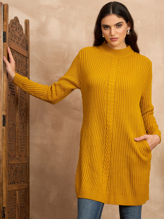 CLAPTON Women’s Wool Blend Ribbed Knit Tunic Sweater with Mock Neck & Full Sleeves Gold
