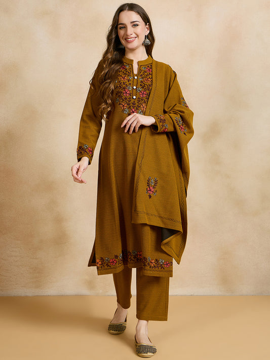 Clapton Embroidered Straight Kurta Pant With Dupatta Set Gold Mustard