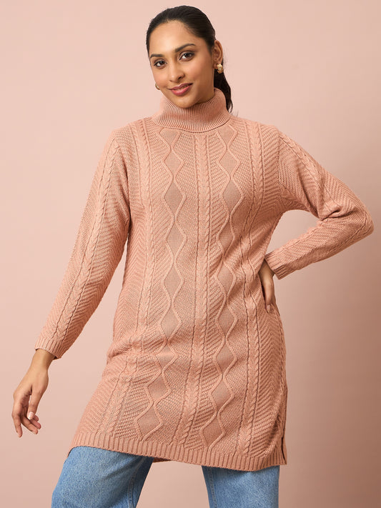 Clapton Cable Knitted  Wool Winter Wear Women’S Long Cardigan Peach