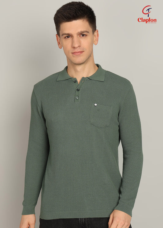 Clapton Men Knitted  Cotton Summer Wear Round Neck Full Sleeve T-Shirt GREEN