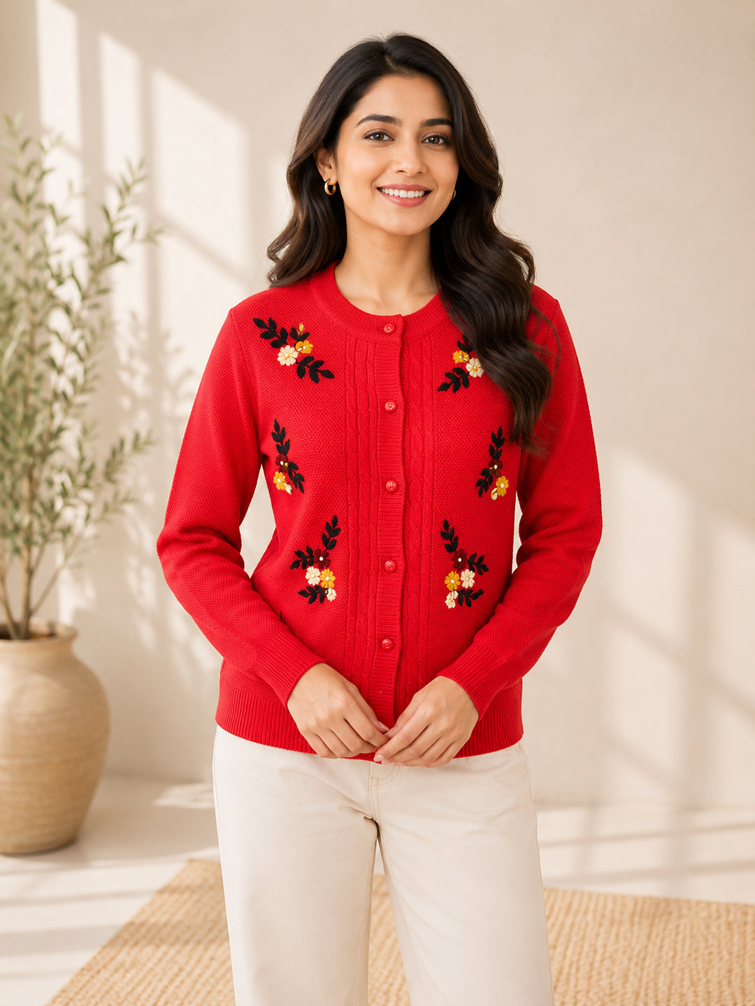 Women'S  Floral Embroidered Knit Cardigan, Round Neck, Button-Front, Long Sleeve Sweater Orange