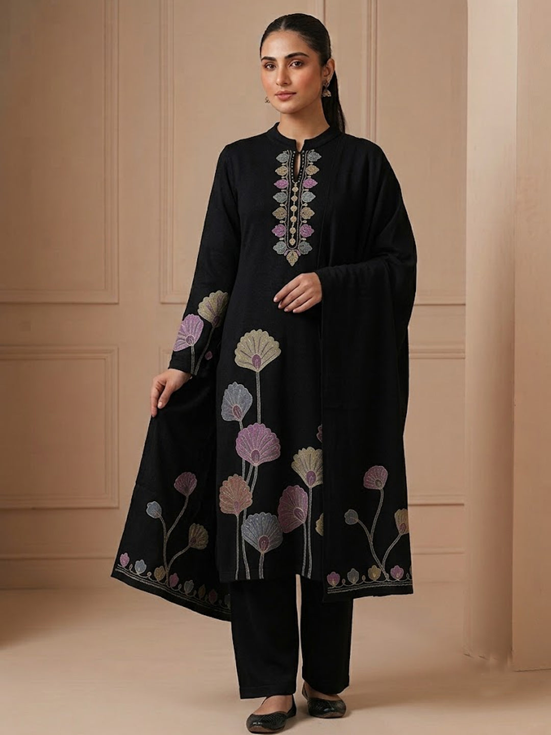 Woolen Embroidered  winter wear Kurti & Pant and Dupatta Set Black