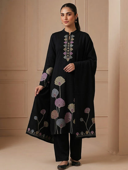 Woolen Embroidered  winter wear Kurti & Pant and Dupatta Set Black