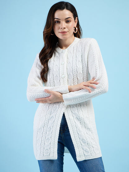 Clapton Cable Knit  Design Woolen  Longline Cardigan Sweater for women and Girls White