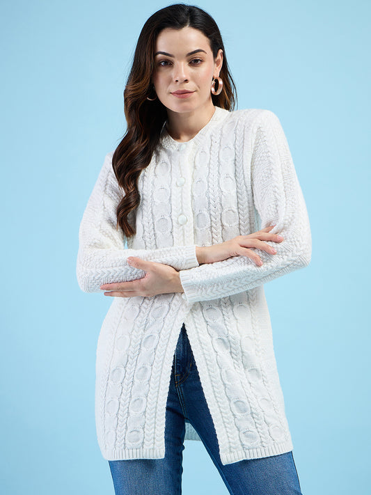Clapton Cable Knit  Design Woolen  Longline Cardigan Sweater for women and Girls White