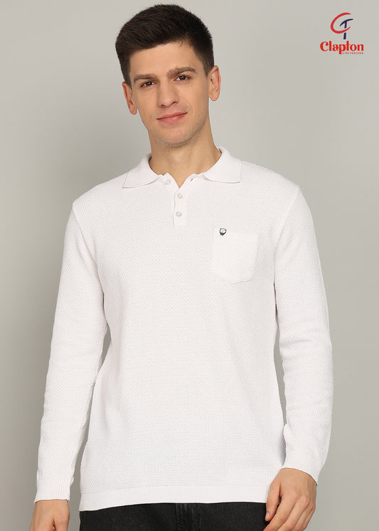 Clapton Men Knitted  Cotton Summer Wear Round Neck Full Sleeve T-Shirt White