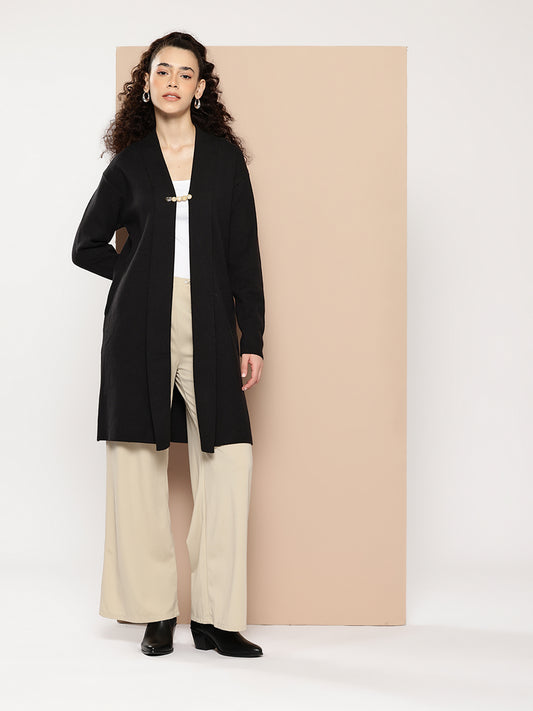 Women Knitted Long Shrug  Winter Wear , And Broatch Pin , Color  Black