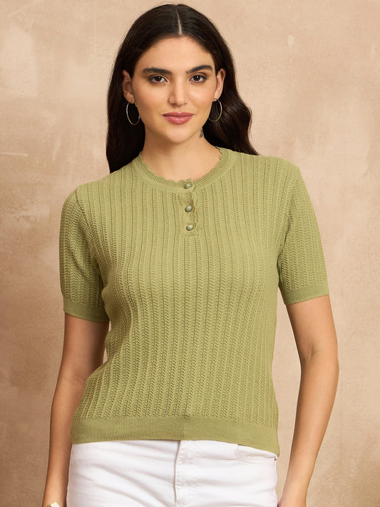 Clapton Women Knitted  Round Neck  T-shirt PARROT-3105