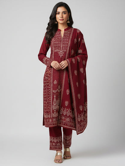 Embroidered wool blends for winter wear Straight-fit kurta with trousers and a dupatta (shawl) red