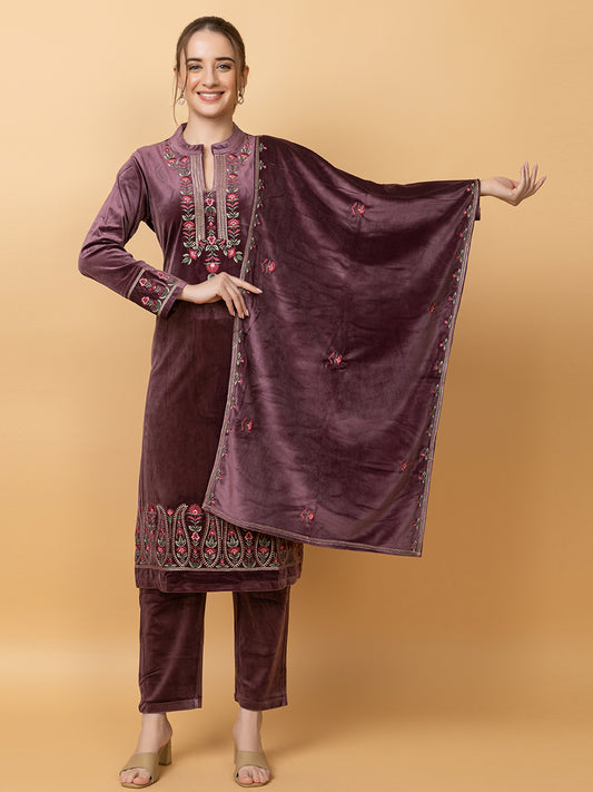 Velvet Embroidered Winter Wear Embroidered Straight Kurta Pant With Dupatta Set Purple