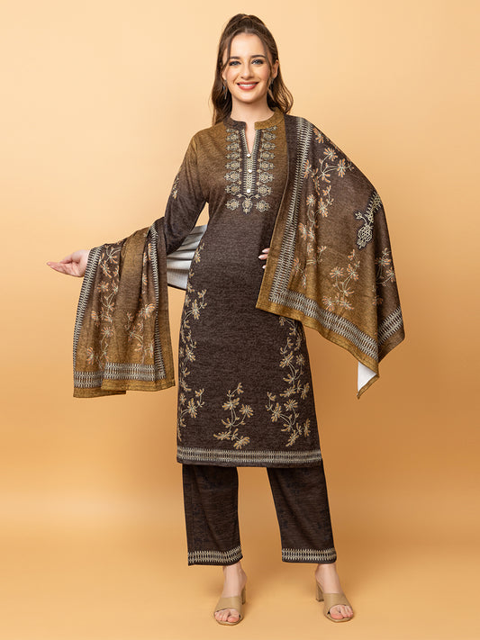 Clapton Pure Wool Winter Wear Embroidered Straight Kurta Pant With Dupatta Set Brown