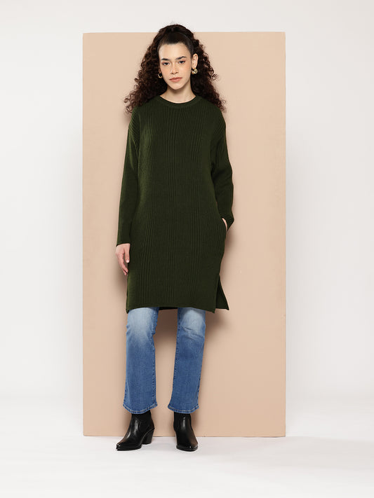 Women Knitted Long Tunic ,Button Down ,Winter Wear Women Color Green