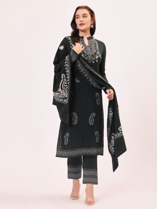 Clapton Pure Wool Winter Wear Embroidered Straight Kurta Pant With Dupatta Set Grey Mixture
