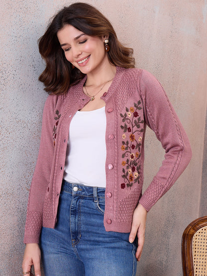 Women’s Floral Embroidered Button-Front Knit Cardigan Peach