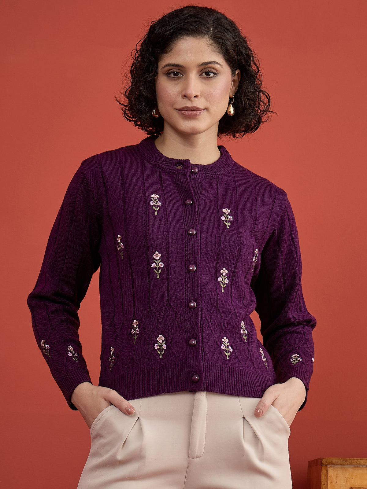 CLAPTON Women's Purple Floral Embroidered Cable Knit Cardigan