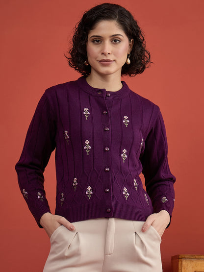 CLAPTON Women's Purple Floral Embroidered Cable Knit Cardigan