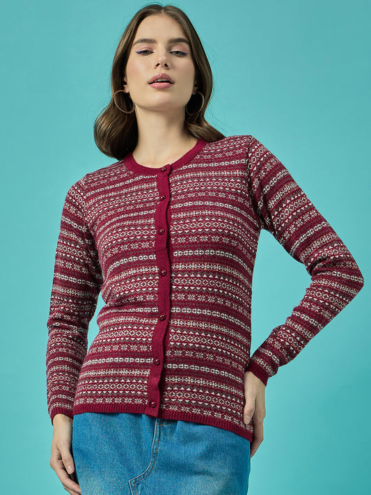 Women Mehroon Self Striped Round Neck Cardigan