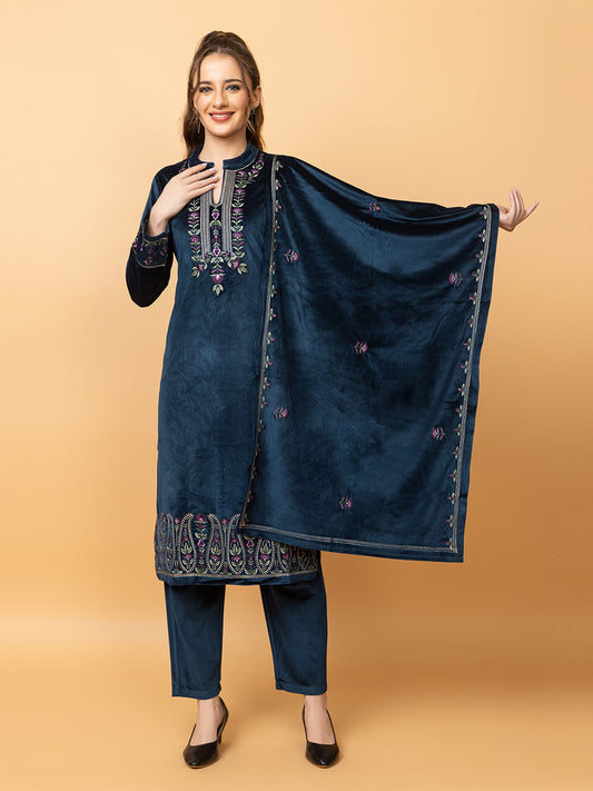 Velvet Embroidered Winter Wear Embroidered Straight Kurta Pant With Dupatta Set Teal