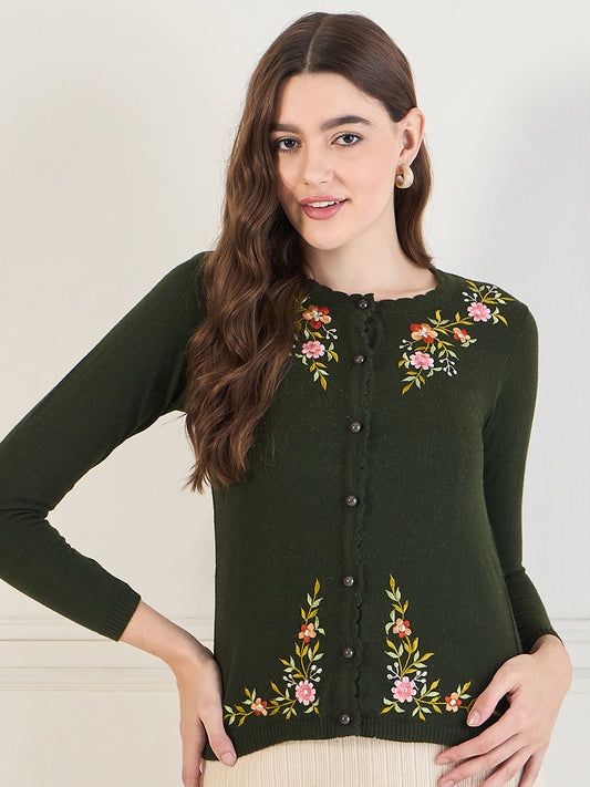 Embroidered Long Sleeves Pure Wool  Cardigan Sweater Green
