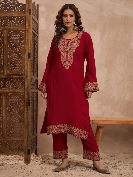 Woolen Embroidered 2-piece winter wear Kurti & Pant Set Red