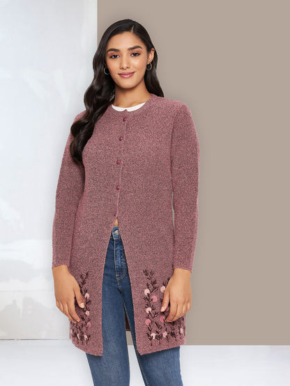 Wool Blend Round Neck Peach Long Shrug