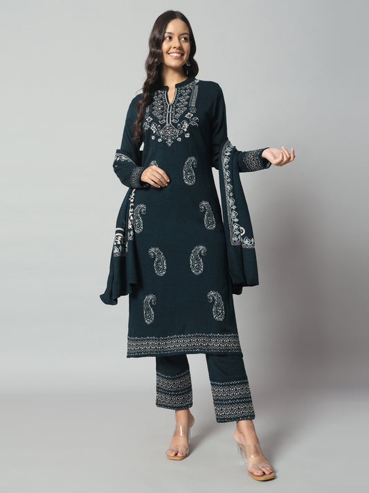 Clapton Pure Wool Winter Wear Embroidered Straight Kurta Pant With Dupatta Set Green