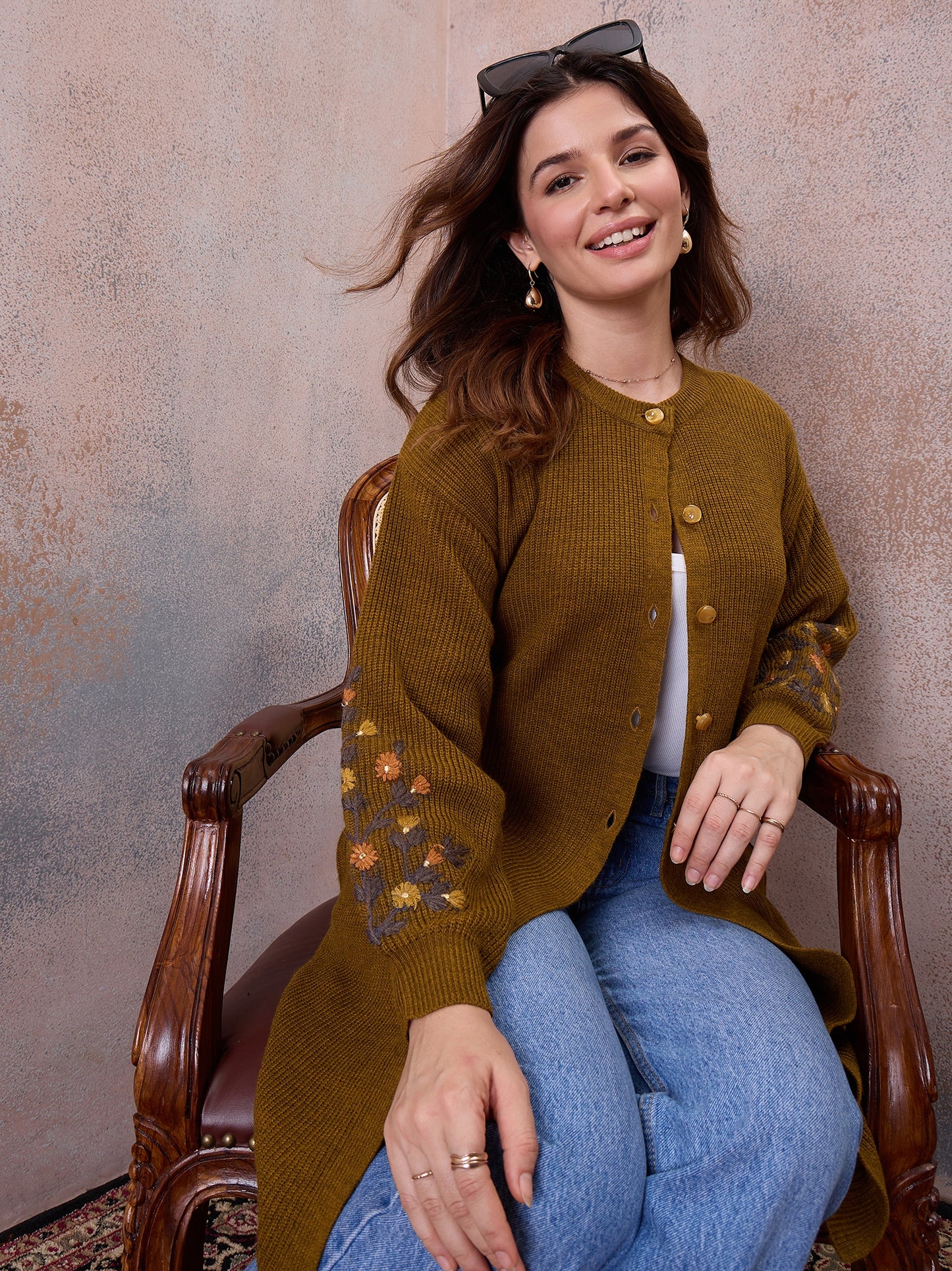 Women’s Longline Ribbed Knit Cardigan with Embroidered Sleeves – Mustard