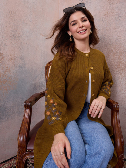 Women’s Longline Ribbed Knit Cardigan with Embroidered Sleeves – Mustard
