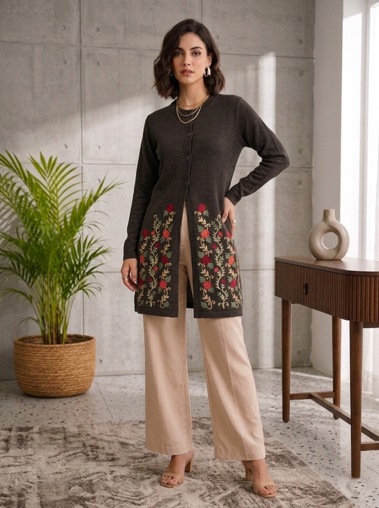Women's Mixture Floral Embroidered Long Cardigan, Button-Front, Round Neck, Full Sleeves