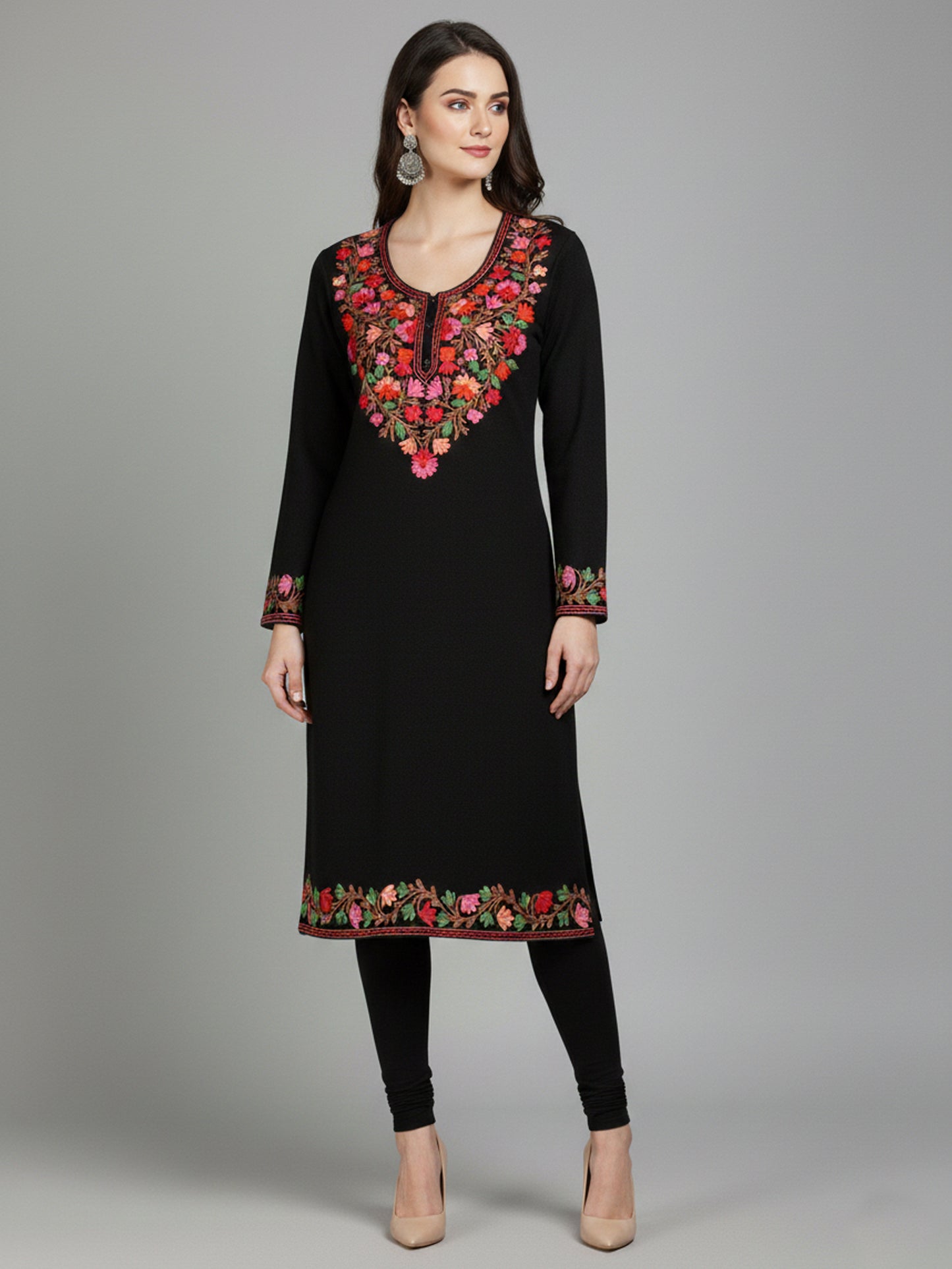 Clapton Black Wolen Winter wear Embroidered Kashmiri Aari Work Kurta (PHERAN)
