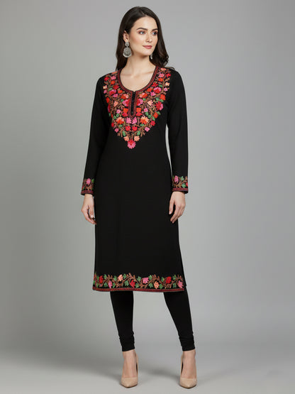 Clapton Black Wolen Winter wear Embroidered Kashmiri Aari Work Kurta (PHERAN)