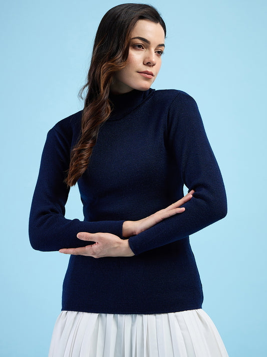 Clapton turtleneck High Neck Top knitted Winter Sweater for Women Pure Wool Full Sleeve Navy