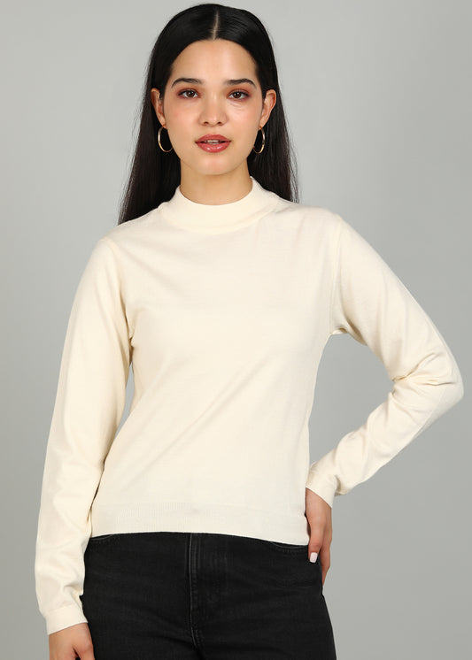 Women Solid Color Round Neck Viscose T-Shirt Off white