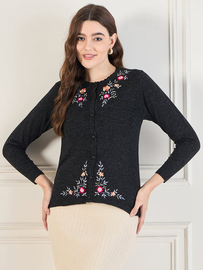 Embroidered Long Sleeves Pure Wool  Cardigan Sweater Black