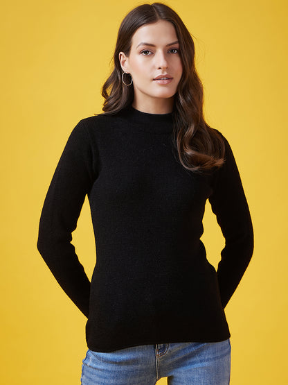 Wool Blend Crew Neck Full Sleeve Black Top