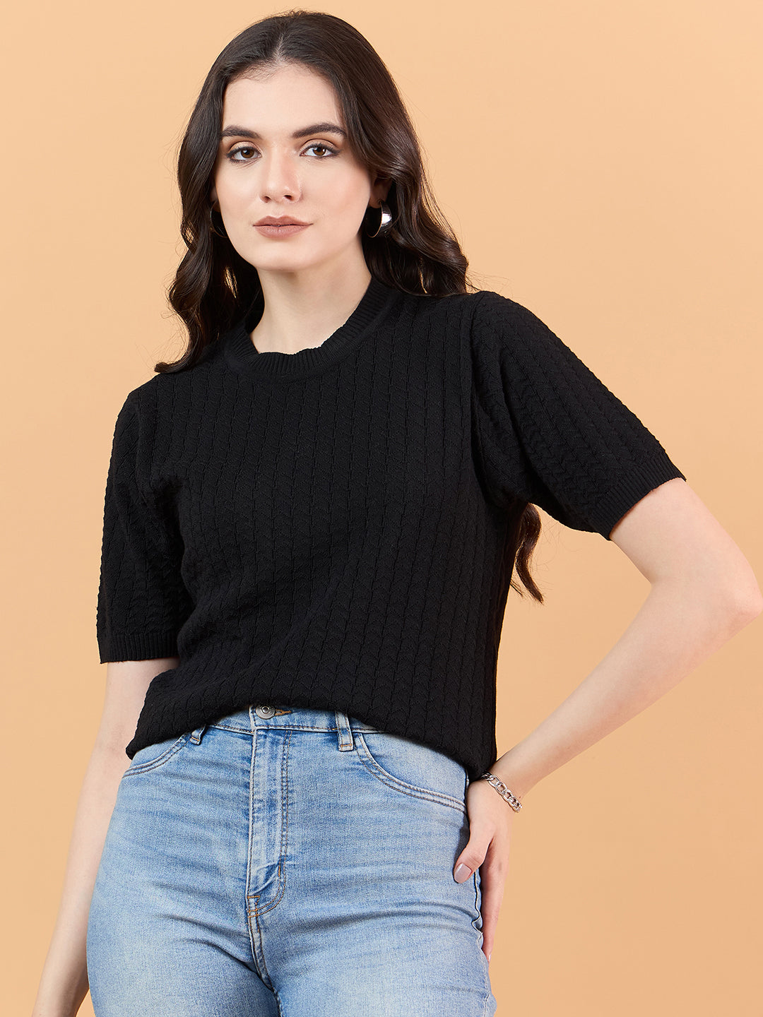 clapton Women Self knitted cotton Design T-shirt  Black